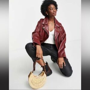 ASOS Design longline oversized leather look biker jacket in oxblood